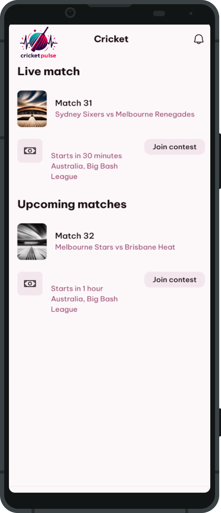 App interface showing live match updates